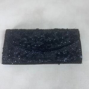 Beaded Evening Bag‎ Clutch Purse Black Sequin Party Cocktail Made in Hong Kong